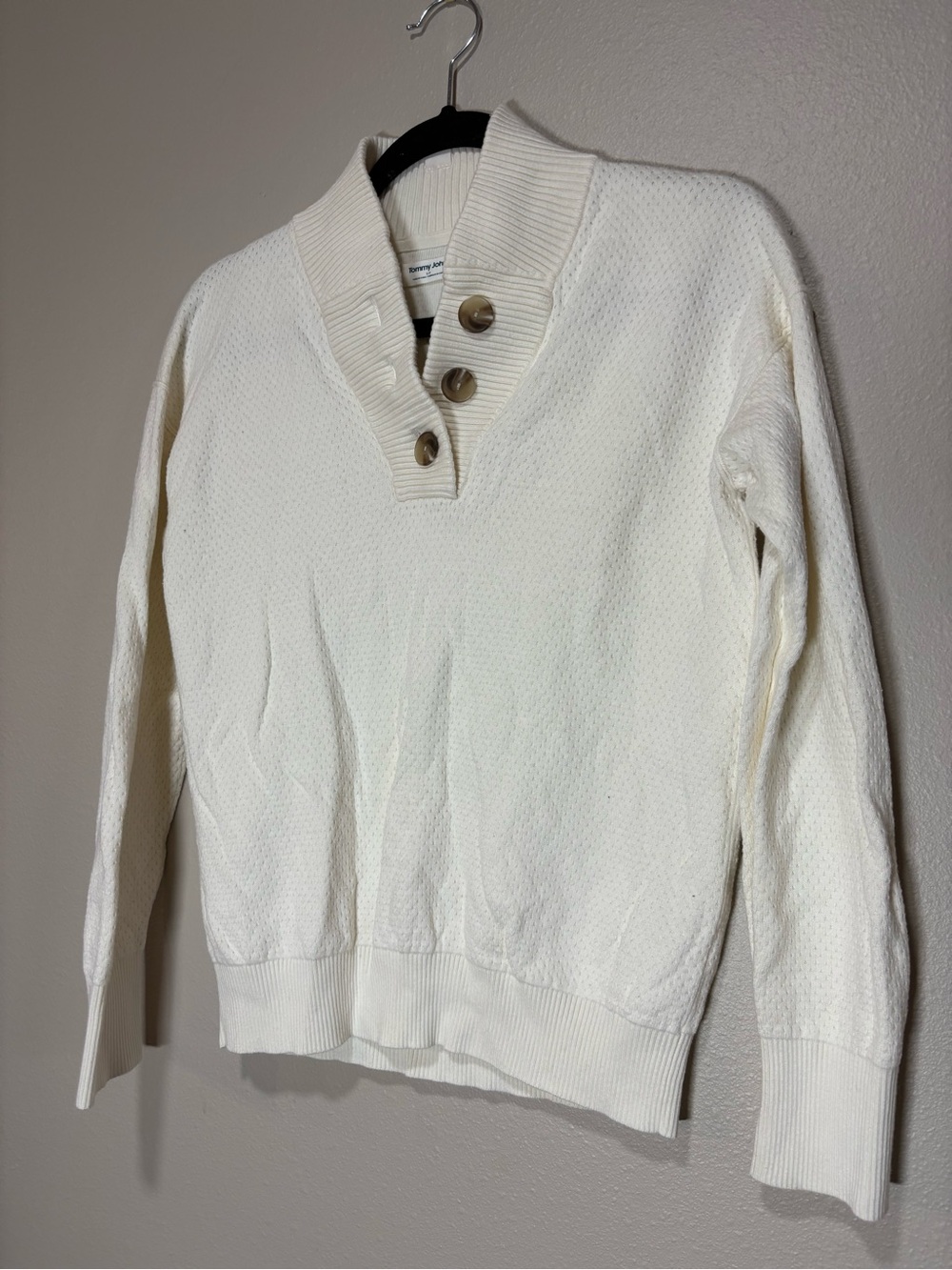 Tommy John Cozy Cream Ribbed Shawl-Collar Jacket with Brown Buttons
